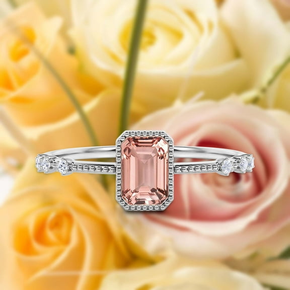 Art Deco 1.25 Carat Emerald Cut Morganite And Diamond Moissanite Thin Engagement Ring, Slim Wedding Ring in 10k Solid White Gold, Gift For Wife, Holiday Gift, Promise Ring, Anniversary Ring