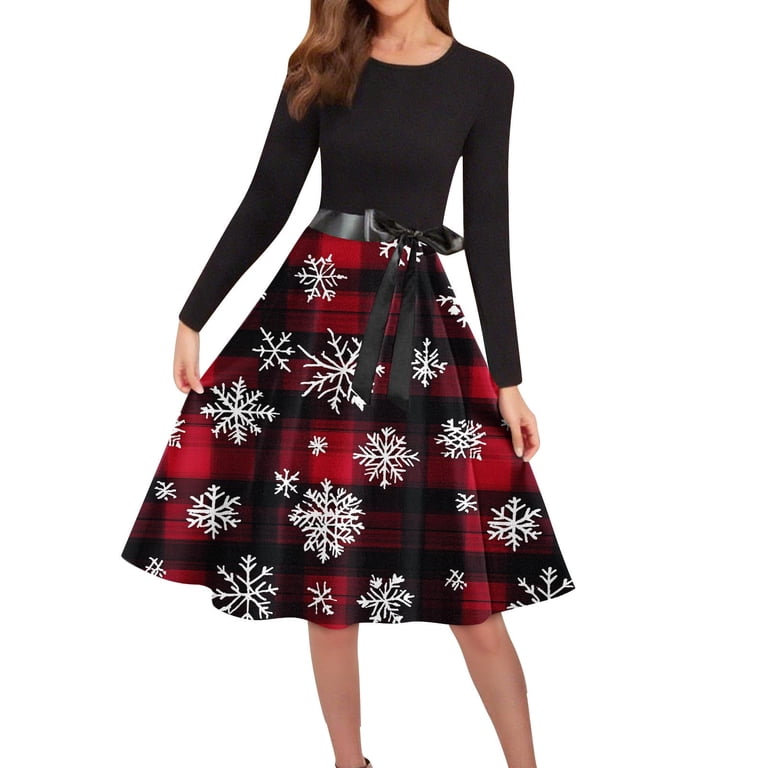 Lorytime 50s Style Dresses for Women Christmas Tree Crew Neck A Line Dress Long Sleeve Party Dresses with Belt Lorytime 50s Style Dresses for Women Christmas Tree Crew Neck A Line Dress Long Sleeve Party Dresses with Belt