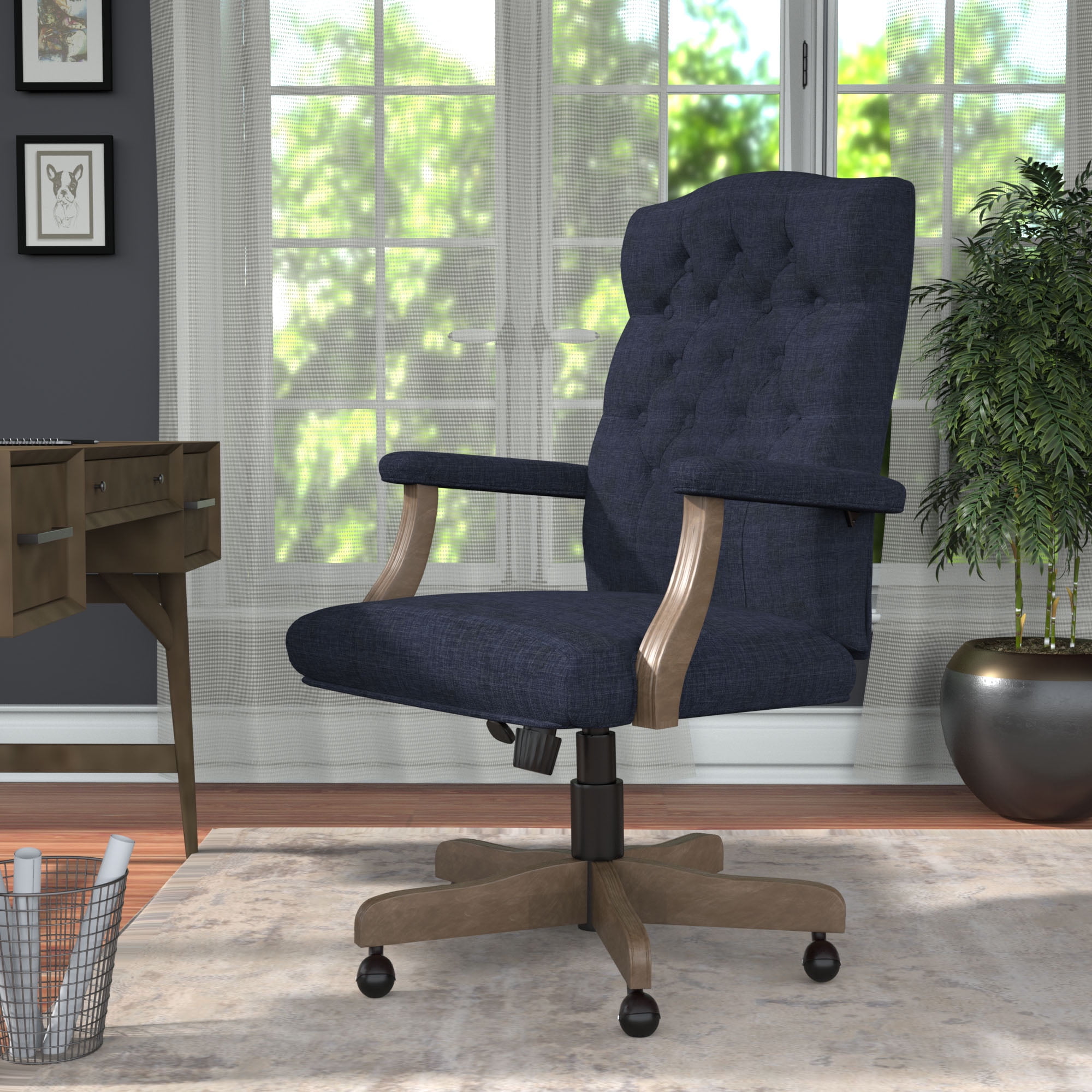 Boss Office Products Executive Denim Blue Commercial Grade Linen Desk Chair With Driftwood Finish Frame