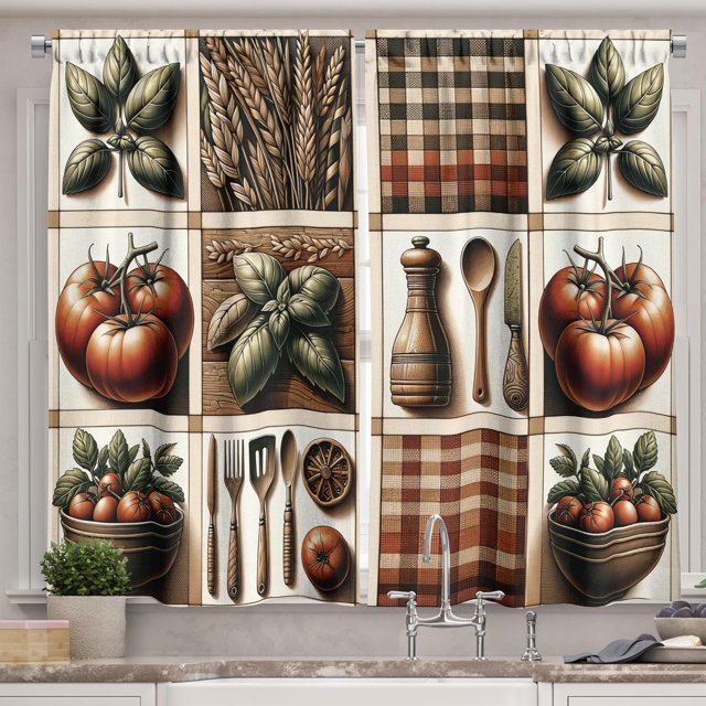 Farmhouse Kitchen Curtains, Nostalgia Tone Plaid Ornate Tomatoes and Wheats Print Country Feel, Window Drapes 2 Panel Set for Kitchen Cafe Decor, 55" x 36", Paprika Rust and Green