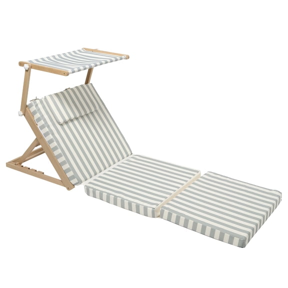 Sunnylife: Pool House Daybed - La Palma Sage Stripe - Beach-Sand-Outdoor Seating, Wood Frame, Sun Shade, Removable Fabric Cover, Adjustable Recline
