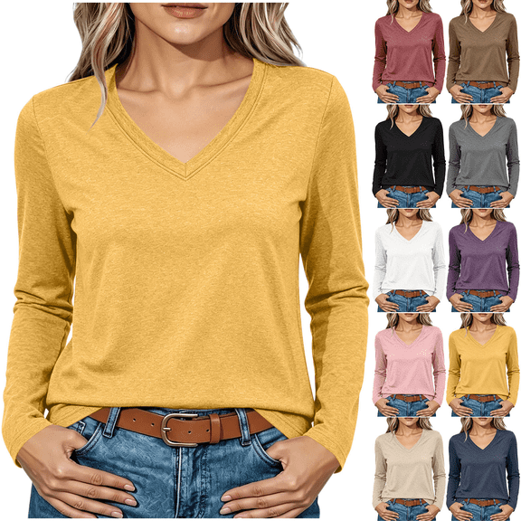 Liuinsasek Womens Blouse Solid Color V-Neck Long Sleeve Versatile Classic Loose Fit Top Casual Layering Winter Outfits Fashion Clothing