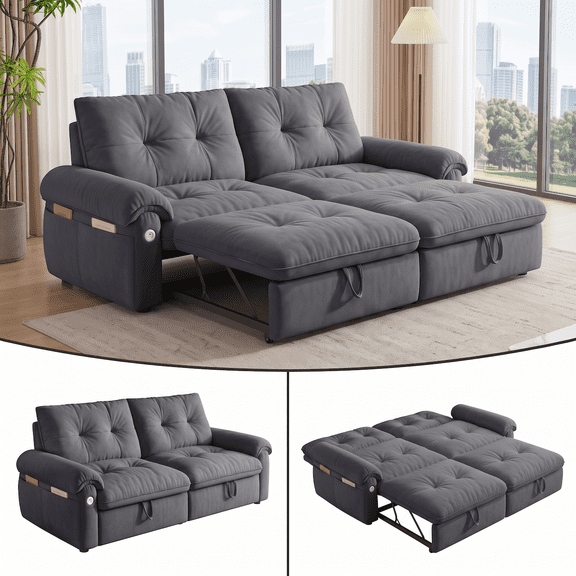 Xiweot 77" Convertible Sleeper Sofa Bed, Queen Size Pull Out Couch with Side Pocket, Adjustable Backrest & USB Ports, Comfy Velvet Loveseat for Living Room Apartment Small Space (Gray)