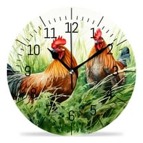 12 Inch Wall Clock Battery Operated Silent Clock Decorative for Office, Kitchen, Outdoor, Living Room，Chicken Rooster Grass Vintage Creative Pattern