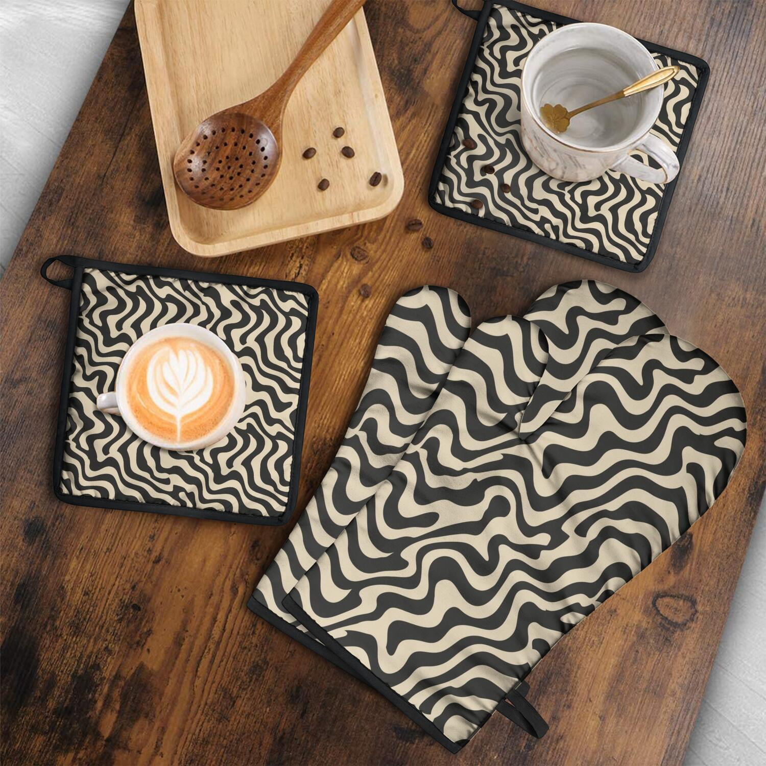 Leopard Print Oven Mitts and Pot Holders Set Of 4, Heat Resistant Kitchen Gloves with Non-Slip Grip, Hanging Loop, Soft Cotton Lining for Baking, Cooking, Grilling, Barbecue
