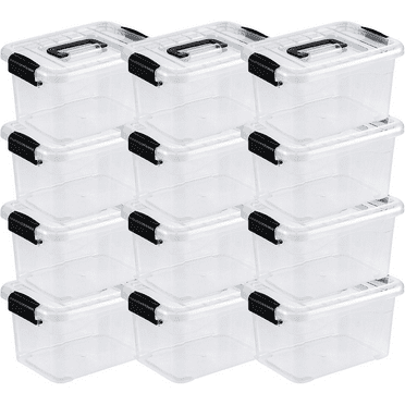 Plastic Storage Bin, Stackable and Nestable Storage Boxes with White Lids and Secure Latching Buckles, Large Storage Container (CLEAR, 6QT 12PACK)