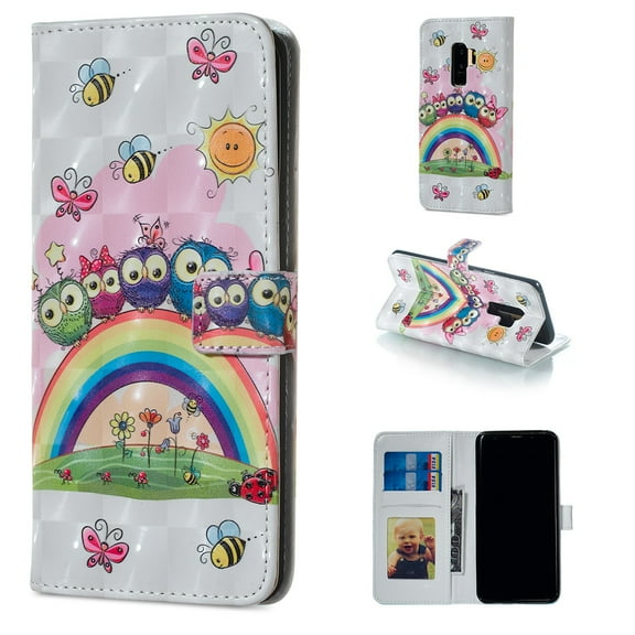Galaxy S9 Case, Galaxy S9 2018 Case, Allytech 3D Emboss PU Leather Flip Protective Wallet Stand Cover & Credit Card Slots Pocket for Samsung Galaxy S9 (5.8") (Rainbow Owl)