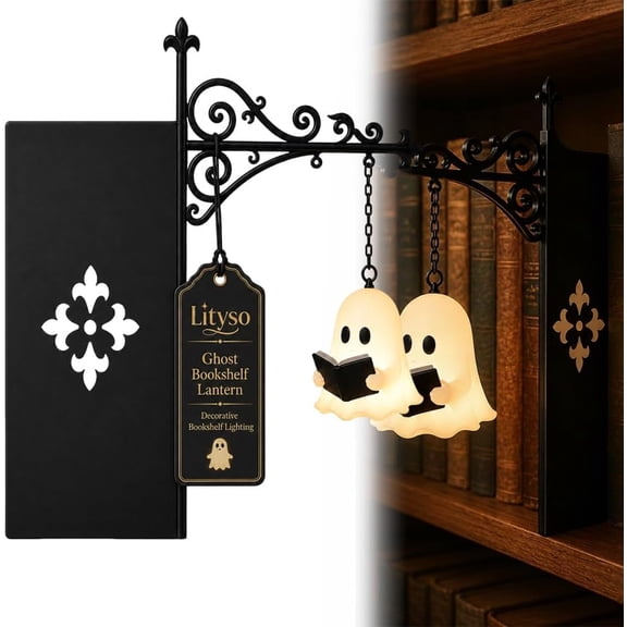 Ghost Bookshelf Lantern Decorative Lighting Cute Reading Lamp Shelf Bookcase Nook Warm Glow Hanging Library Insert Panel Novel Lover Gift Halloween Study Room Decor Spooky Home(1Pc)