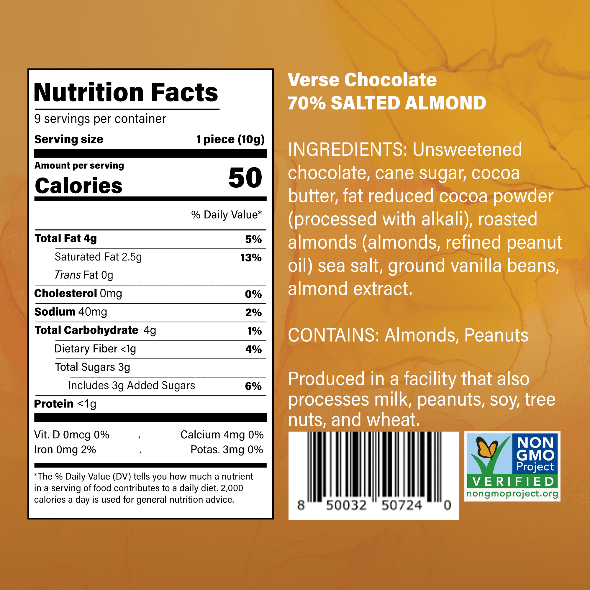 Verse 70% Dark Chocolate with Almonds - Gluten Free, Keto Low Sugar Snack - Creamy Dark Cocoa Squares - Only 3g Cane Sugar - Vegan Dark Chocolate Squares - Individually Wrapped Chocolates (30 Count)