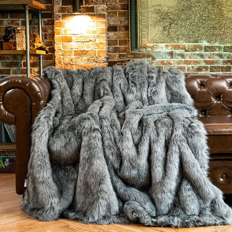 Battilo Grey Faux Fur Throw Blanket for Couch,Sofa,Bed, Super Soft