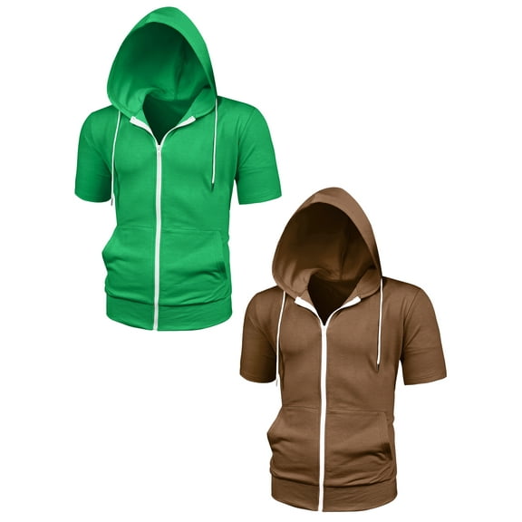 NOMADIC NOOK Men's Zip Up Short Sleeves Solid Sweatshirt with Hood 2 Pack