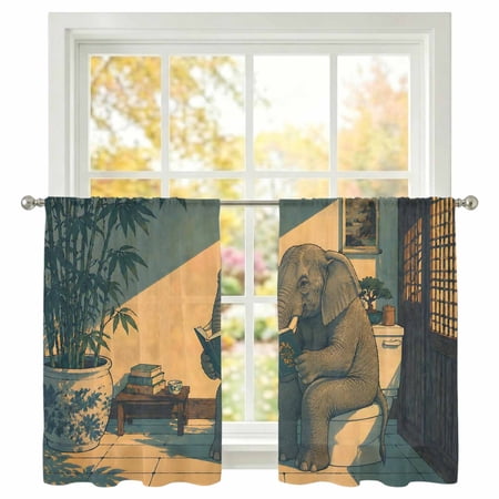 Funny Elephant Sheer Curtains 45 Inches Long 2 Panels Whimsical Bathroom Toilet Animal With Blue Book Semi Sheer Rod Pocket Window Curtains Light Filtering Drapes for Living Room Bedroom