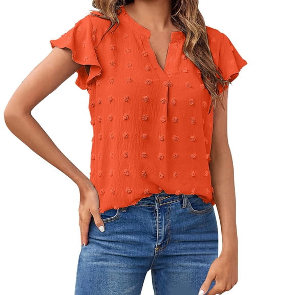 GEWSEY Women 2025 Summer V Neck Ruffle Short Sleeve Blouse Swiss Dot Flowy Shirt Tunic Top (Orange, XXL)