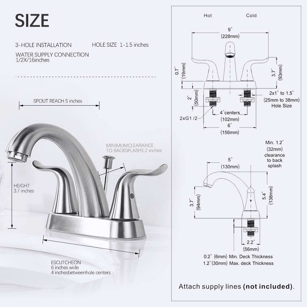 WOWOW 2 Handle 4 Inch Centerset Bathroom Sink Faucet in Brushed Nickel, Lead-Free Basin Mixer Tap with Lift Rod Drain Stopper