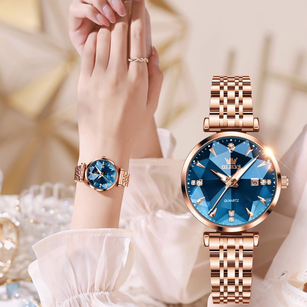 OLEVS Women Watch Fashion Rose Gold Diamond Analog Quartz Female Watch for Women Luxury Dress Ladies Stainless Steel Luminous Waterproof Date Wrist Watches Blue Dial