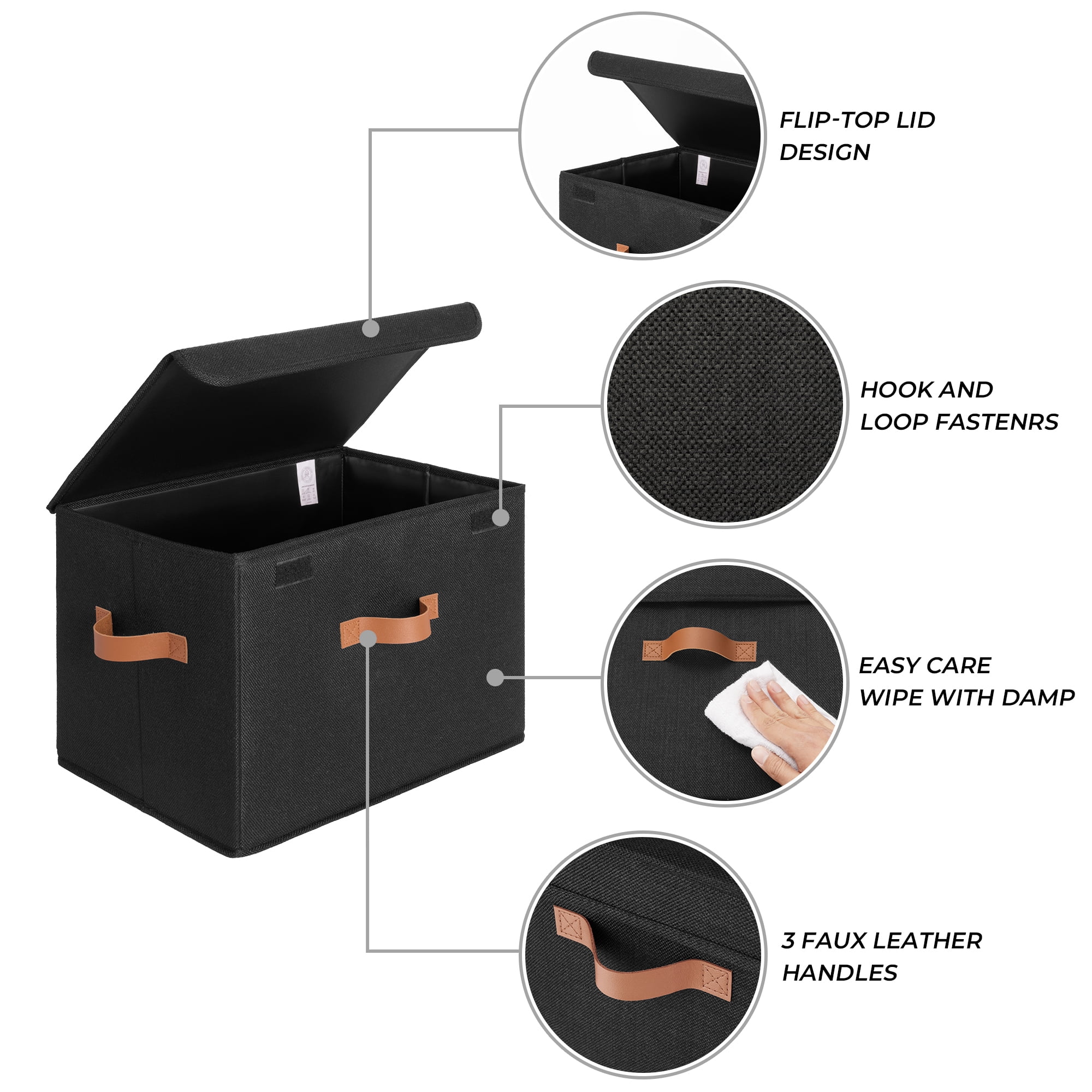 Granny Says Storage Bins with Lids, Extra Large Fabric Storage Boxes with PU Handles, Black, 2-Pack