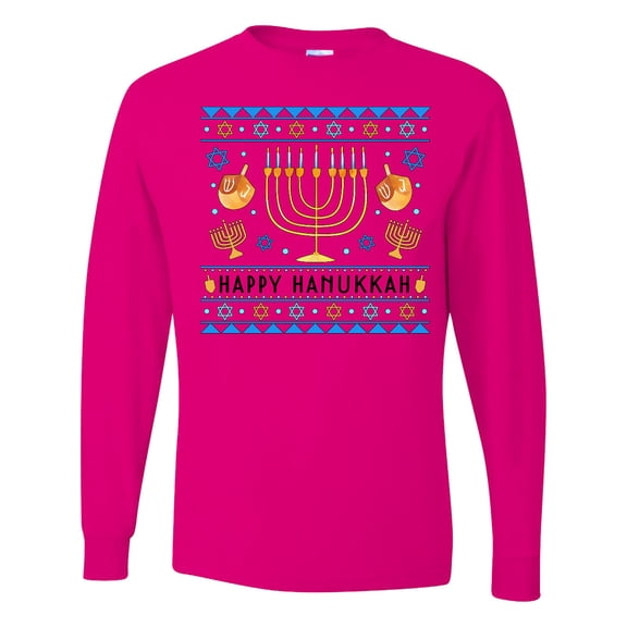Inktastic Happy Hanukkah Sweater Style Design with Menorah and Dreidel Long Sleeve T-Shirt