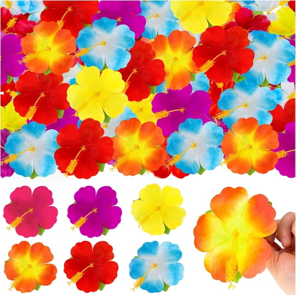 KVCSYAW 120 Pcs Artificial Hibiscus Flowers, 6 Colors Tropical Hawaiian Fake Luau Fake Hibiscus Flowers Decoration for DIY Crafts, Summer Party Favors Supplies, Cake Tables Centerpieces