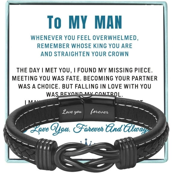 To My Man Straighten Your Crown Bracelet for Husband Boyfriend Mens Braided Leather Bracelets Valentine Birthday Christmas Gifts for Him