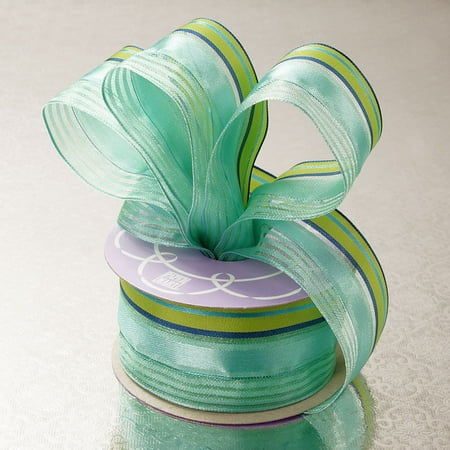 Fairy Multi Colored Ribbon Aqua Lime Green Satin Sheer 1-1/2 inches x 10 yards Multi Colored Striped Wired Decorative Ribbon ()