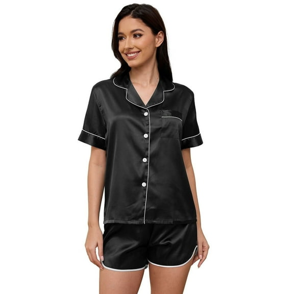 UNEEI Women Satin Pajamas Set ,Silk Short Sleeve Tops and Shorts ,Soft Button Down Women Nightwear