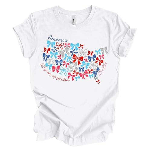 Patriot Pride Women’s Bella Canvas Graphic T-Shirt – America 250 Years of Freedom Bow Flag Design, White, Small
