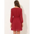 thumbnail image 4 of Vestido De Gasa Fluido Sólido Con Cintura Elástica Con Cuello En V Y Manga 3/4 Para Mujer Rojo S, 4 of 5