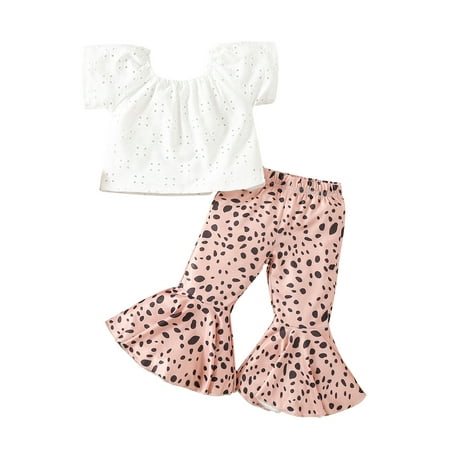 

Calsunbaby Kids Baby Girls Summer Outfits Set Short Sleeve Solid Color Tops Leopard Print Flared Pants Clothes White 2-3 Years