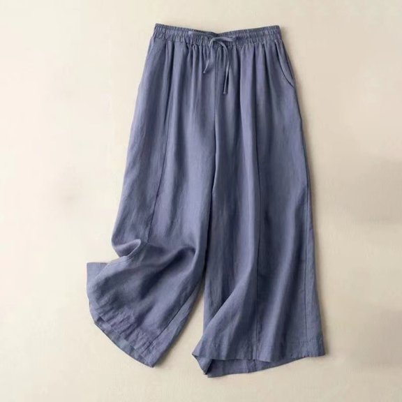 Capris Pants for Women - High Waist Wide Leg Capris Adjustable Drawstring Lightweight Summer Beach Cropped Pants with Pockets