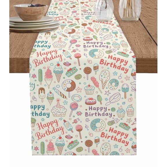ERUNPONLY Summer Ice Cream Table Runner - 72 Inch Long Happy Birthday Cute Cake Cotton and Linen Blended Dress Scarves Farmhouse Table Runner for Kitchen Dining, Coffee Table, 13"x72"