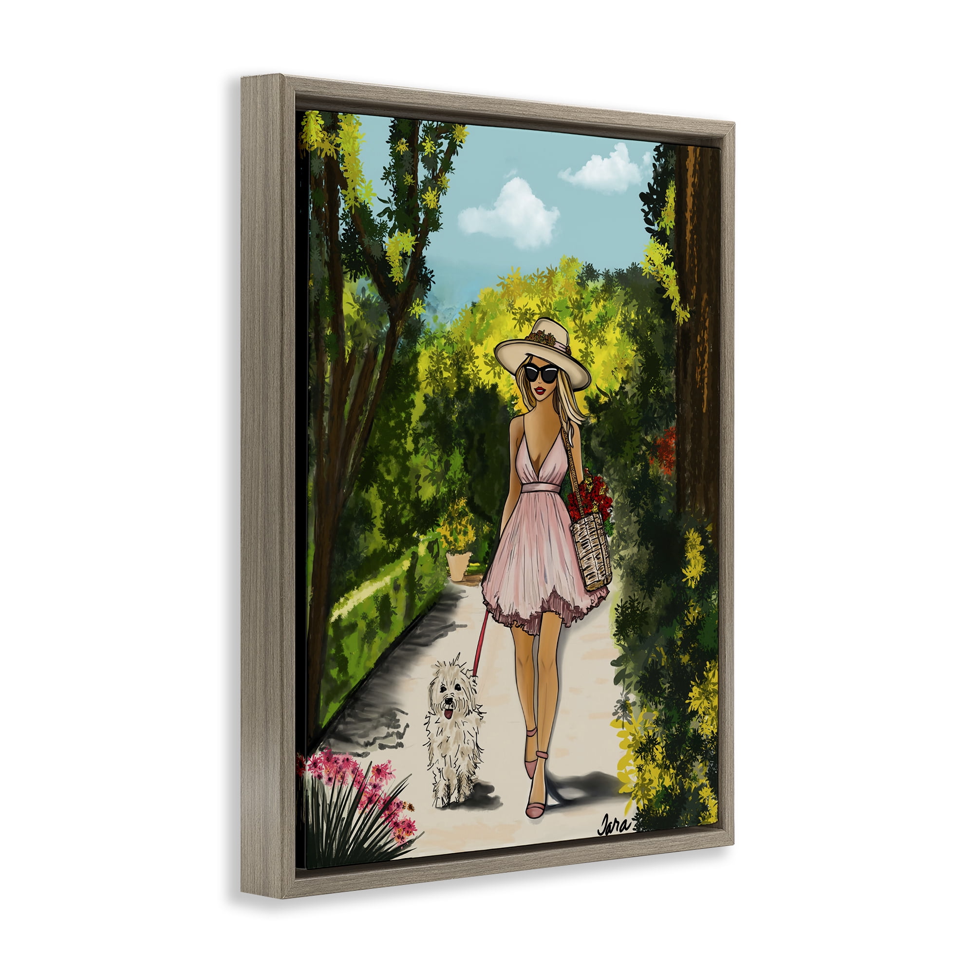 Stupell Industries Garden Girl Strolling with Pup Brown Framed Floater Canvas Wall Art, design by Tara Boone