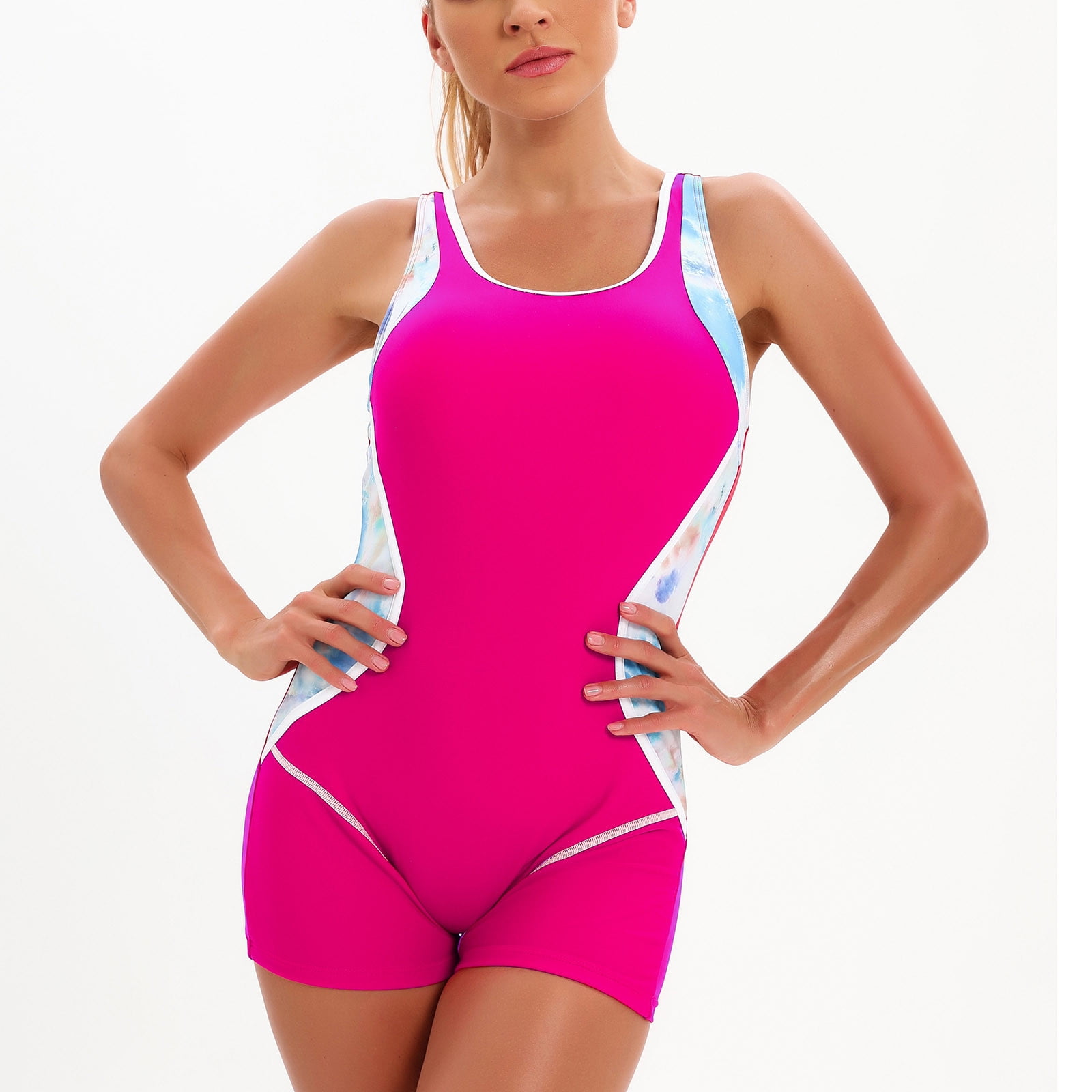 OVBMPZD Women's Comfy One-Piece Swimwear Sports Yoga Gym Suit Conservative  Color-blocking Sexy Backless Swimwear Hot Pink S