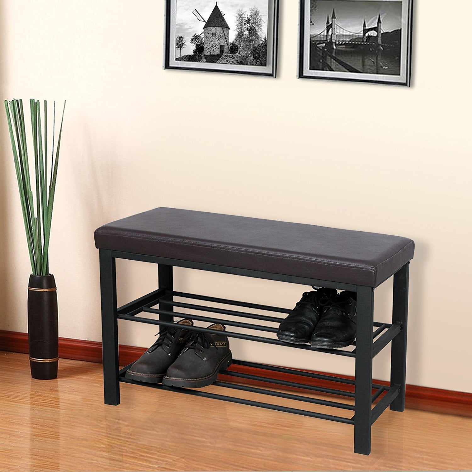 Songmics Metal Shoe Bench 2 Tier Shoe Rack Entryway Shoe Storage Organizer Faux Leather Top Ulbs58z Walmart Com Walmart Com