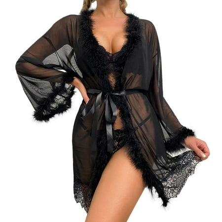 

WANYNG Women Fashion Tulle Robe Long Lingerie Nightgown Bathrobe Sleepwear Feather Bridal Robe Lace Lingerie plus Size Bunny Valentines Day Gift