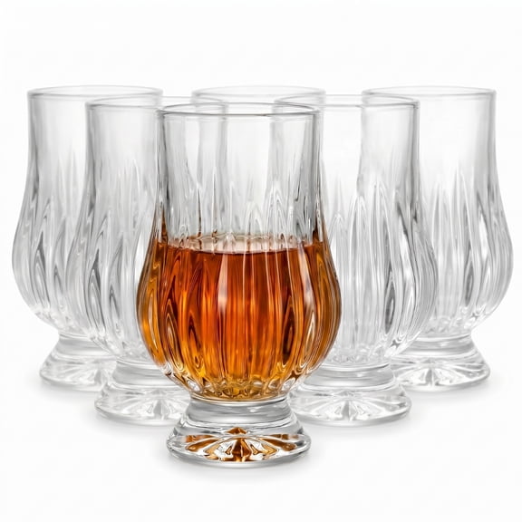 5oz Ribbed Crystal Bourbon Whiskey Glasses Set of 6, Thick Stem Laser Cut Rim Old Fashioned Drinking Glasses, Ideal Gift for Whiskey Lovers Men & Bartenders