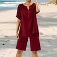 thumbnail image 2 of 2 Piece Short Sets for Women Summer Outfits Casual Wide Leg Blouse with Pockets and Elastic Pants Summer Sets V Neck Shirt Trousers Fashion Streetwear, 2 of 6