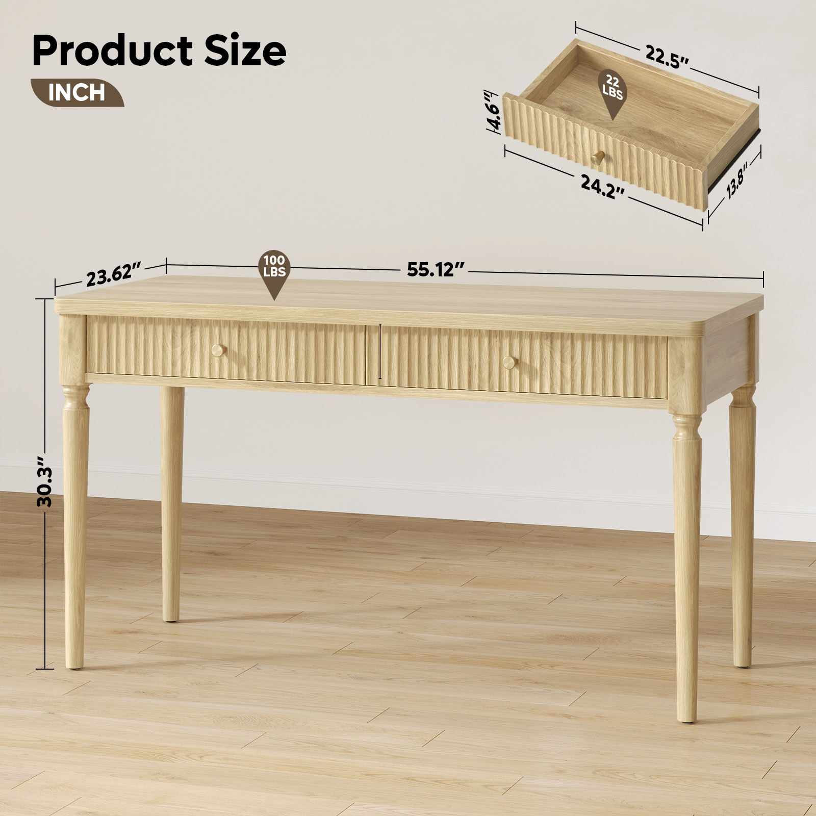 Bestier Wooden Writing Desk with Drawers, Natural Oak photo 5