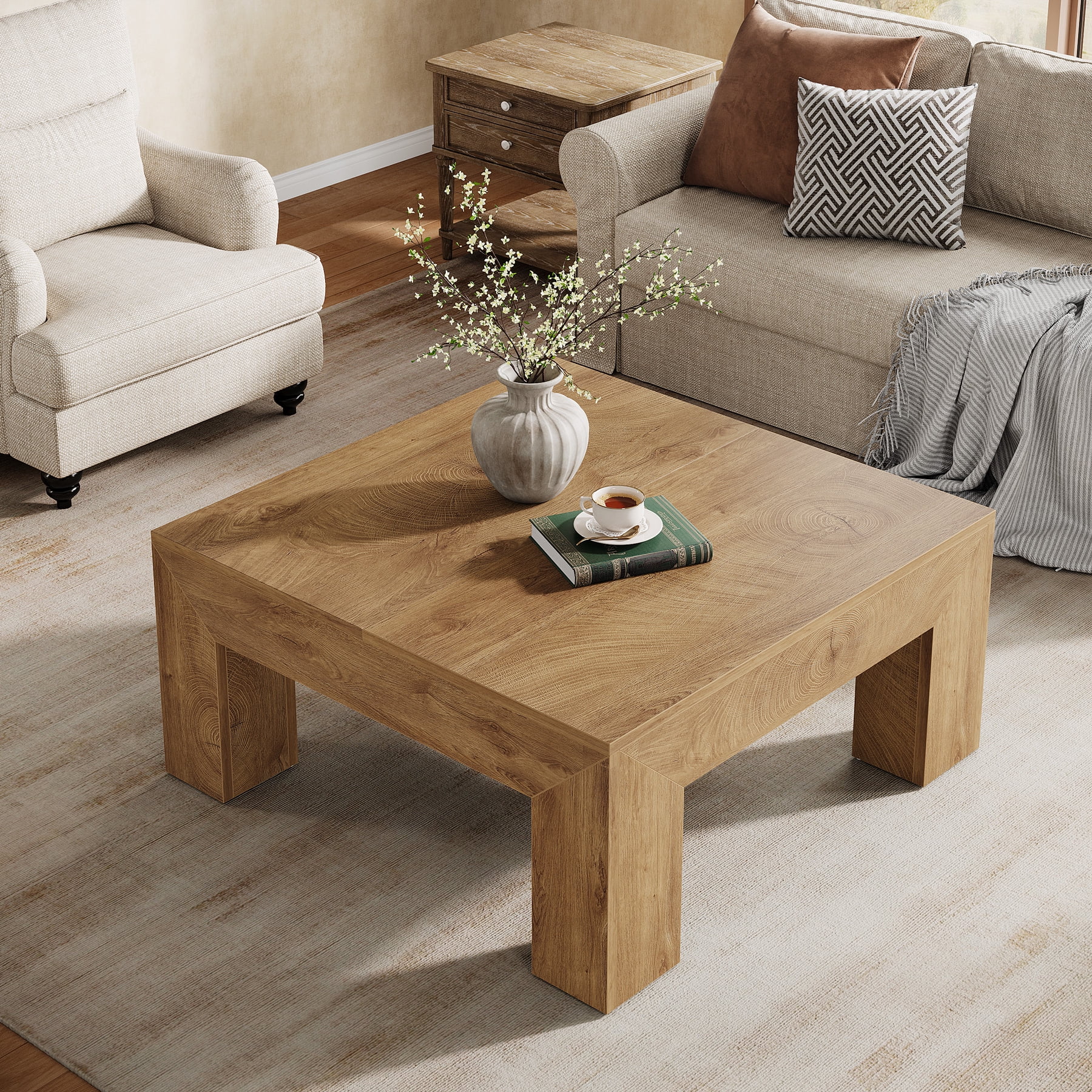Tribesigns 39.37" Low Square Coffee Table, Farmhouse Large Tea Accent Table Center Table for Living Room(Natural)