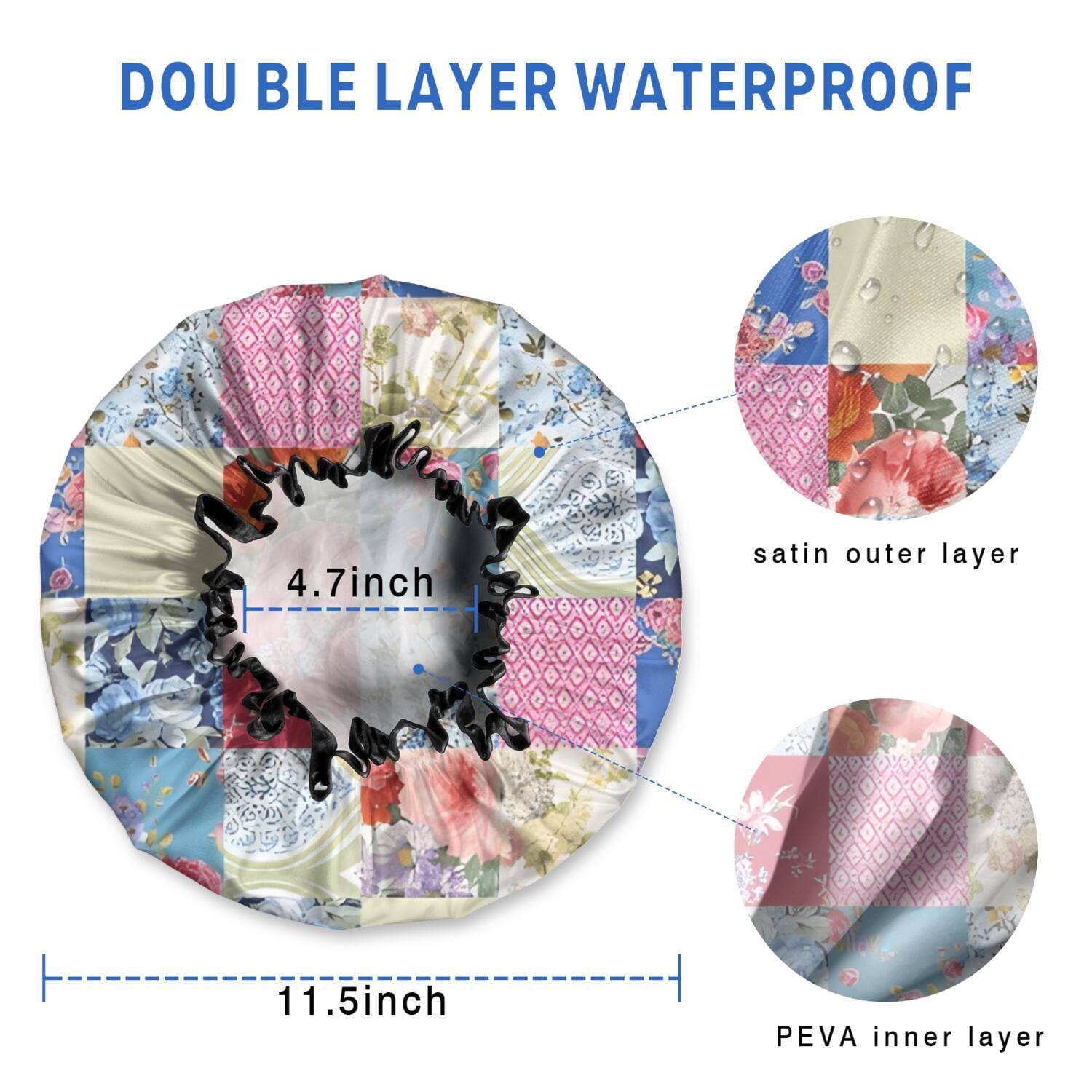 Shower Caps,Patchwork Pioneer Flower Waterproof Shower Cap for Women 4 Pieces,Double Reusable Hair Cover for Shower PEVA Elastic Stretch Hem