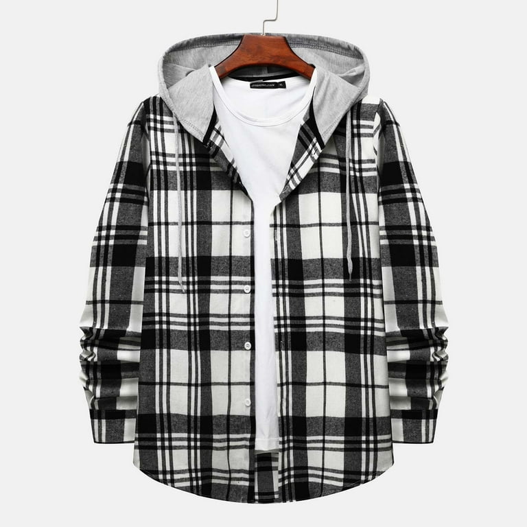 Hfyihgf Flannel Plaid Hoodie Shirts for Mens Trendy Relaxed-Fit Button Down Long Sleeve Lightweight Hood Shirts Jackets(Gray,XXL), Men's, Size: 2XL