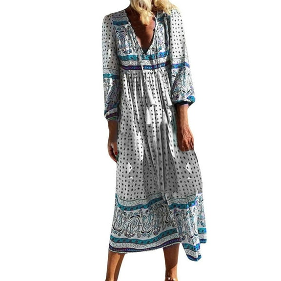 asdoklhq Womens Maxi Dress Under $10,Women Casual Diurnal Boho V-Neck Floral Printed Holiday Long Dress