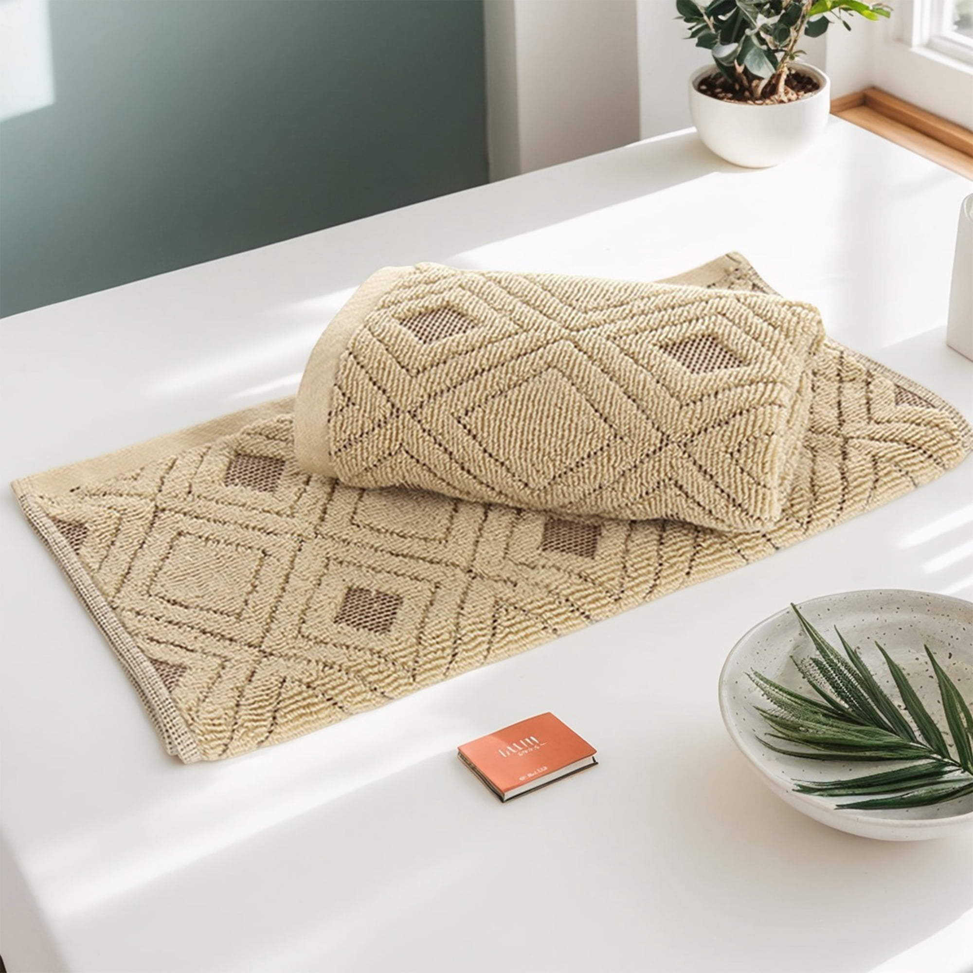 REGALWOVEN Geometric Pattern Cotton Decorative Hand Towels, 13 x 29 Inch Absorbent Soft Towel for Hand Drying and Face Washing Beige 4-Piece