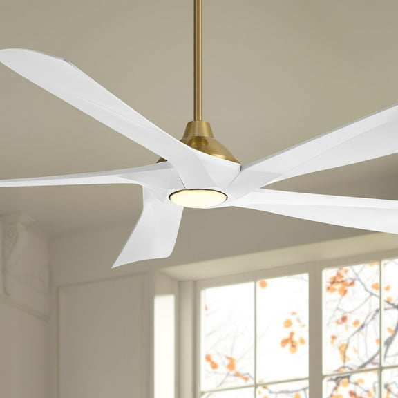 Possini Euro Design 60" Eloquent Indoor Outdoor Ceiling Fan 5 Blade LED Light Remote Control Brass Finish White Blades Damp Rated