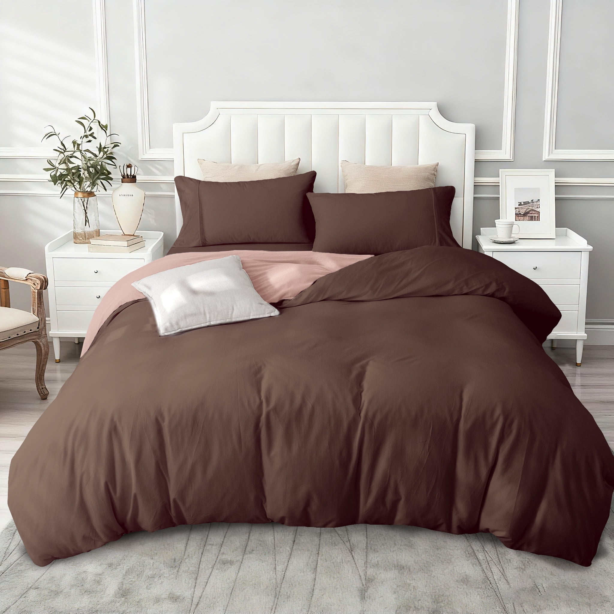 PURE ERA Duvet Cover Set Queen Size 100% Jersey Cotton Reversible Ultra Soft Stretchy Solid Pink Chocolate Brown (1 Duvet Cover 2 Pillow Shams)