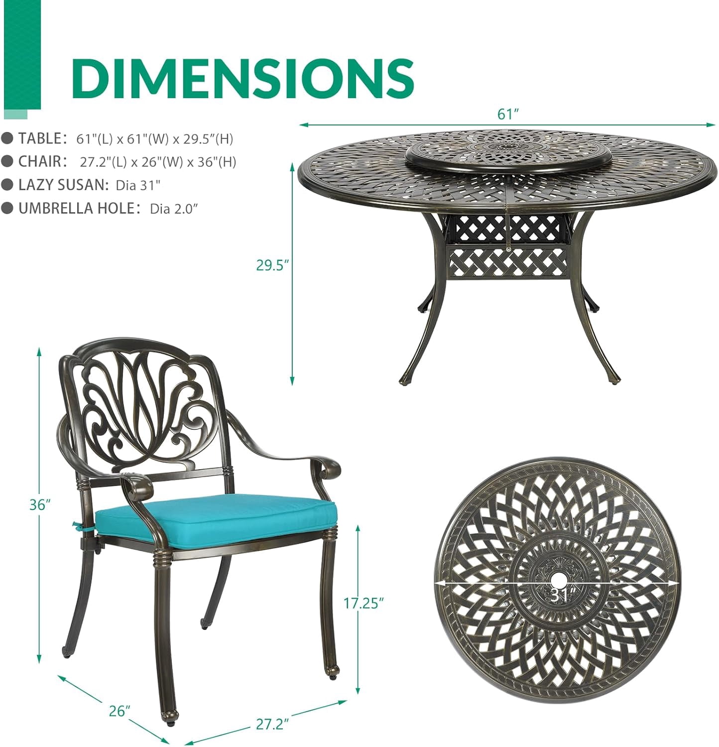 VIVIJASON 9-Piece Patio Furniture Dining Set, Cast Aluminum Rust-Free Outdoor Conversation Set, Include 61" Round Dining Table with 31" Lazy Susan & 8 Cushioned Chairs, Umbrella Hole, Ocean Blue
