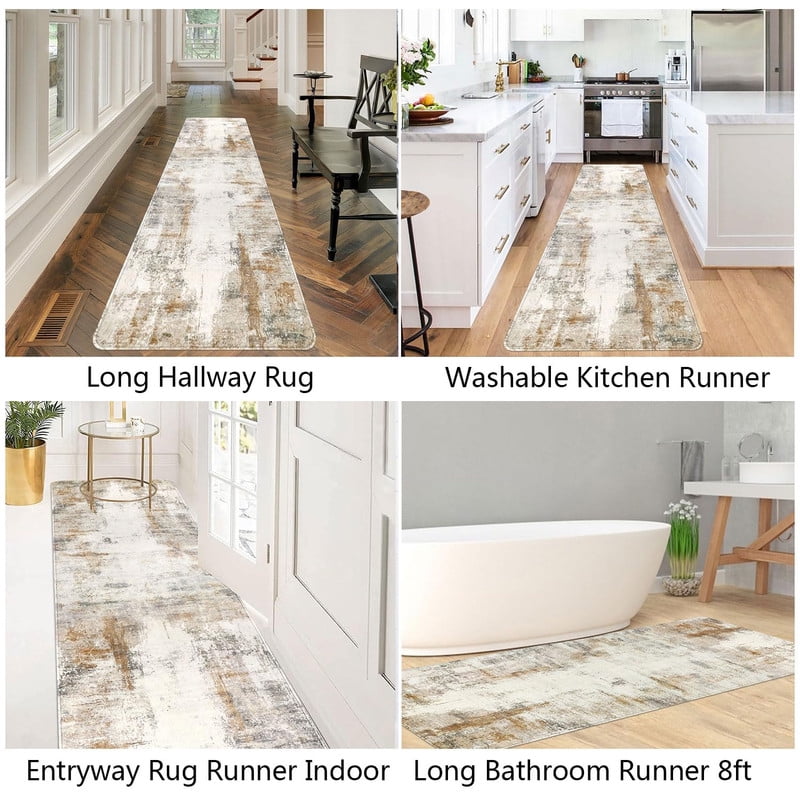 Aonewoe Modern Abstract Hallway Runner Rug 2x10, Washable Runner Rug, Non Slip Kitchen Runner Rugs, Soft Carpet Runners for Hallway Kitchen Bathroom Bedroom Entryway (Beige)