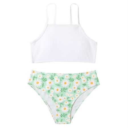 

Girls Two Piece Swimsuit Sport Shattered Flowers High Waist Bikini Set Bathing Suit Size 7 Years-14 Years