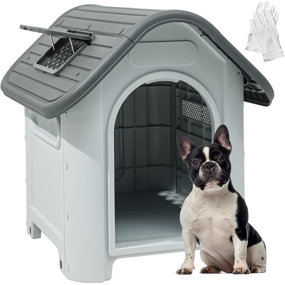 HarmonyStrings Dog House Outdoor Plastic Doghouse Water Resistant Pet House with Adjustable Skylight and Elevated Base for Small, Medium, and Large Dogs