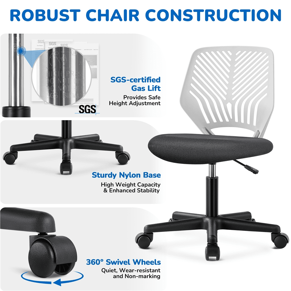 Alden Design Adjustable Armless Mid Back Office Chair, Dark Gray/White