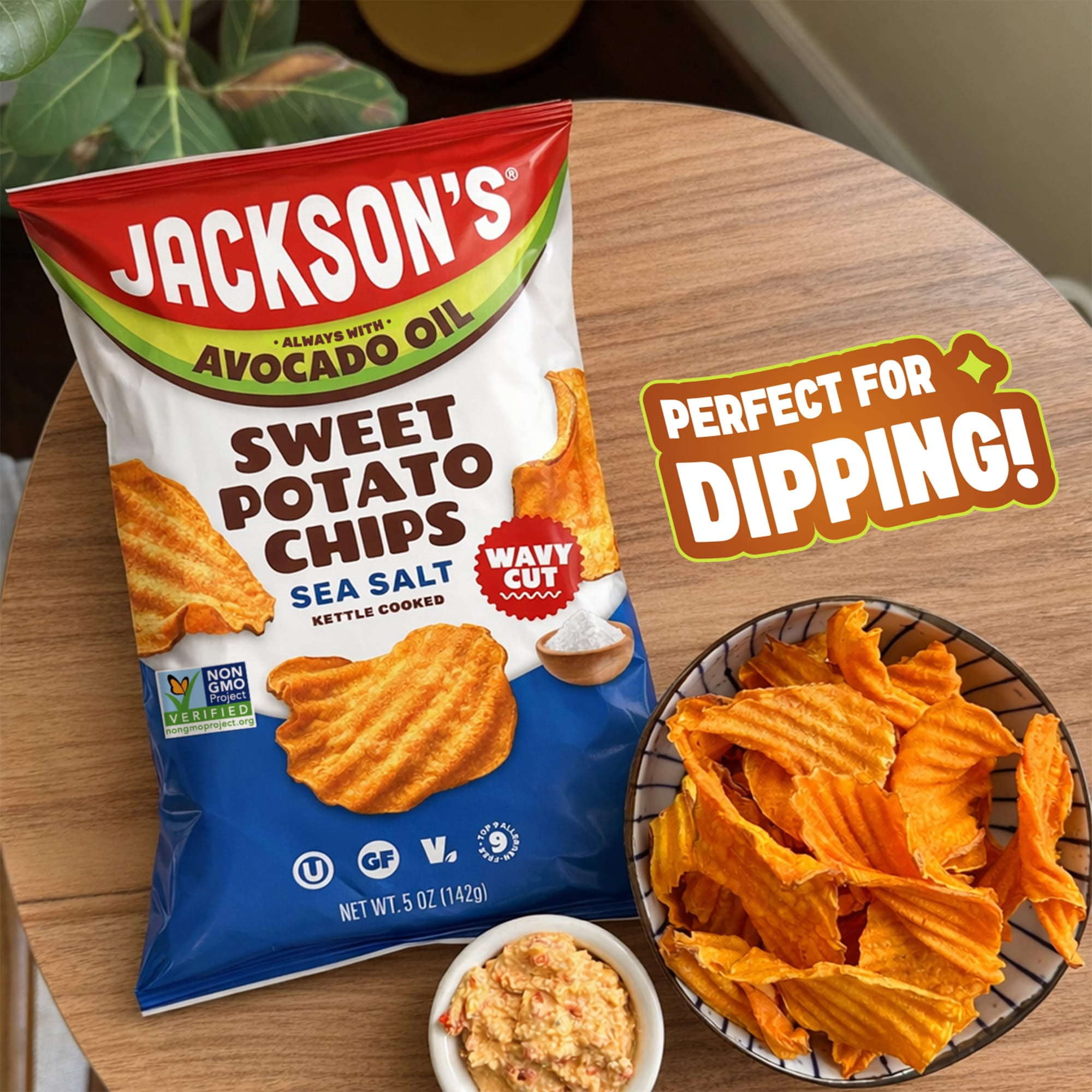 Jackson's Sweet Potato Kettle Wavy Chips with Sea Salt, Avocado Oil, Free of Top 9 Allergens, 5 oz